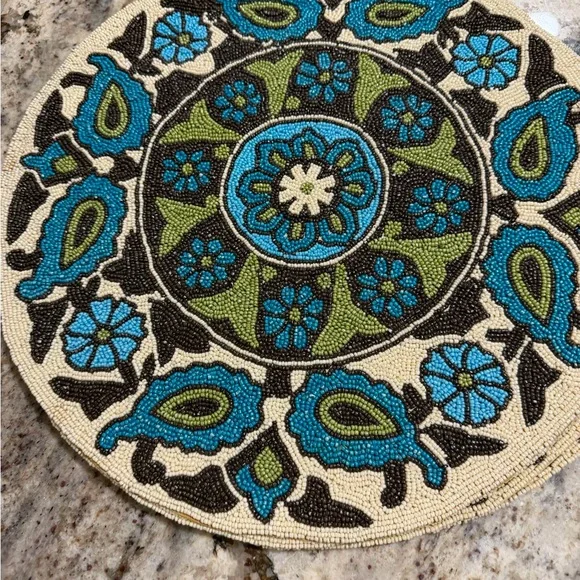 Hand Beaded MCM Vintage Round Placemats 15” Aqua Green Brown Flower Design Retro